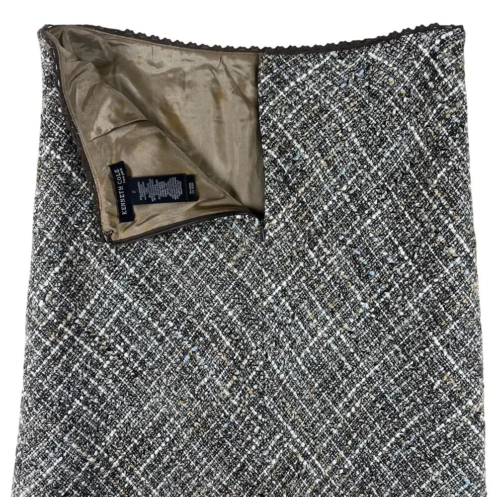 Kenneth Cole Tweed Pencil Skirt 2 Brown Taupe Boucle Fringe Hem Wool Blend Lined